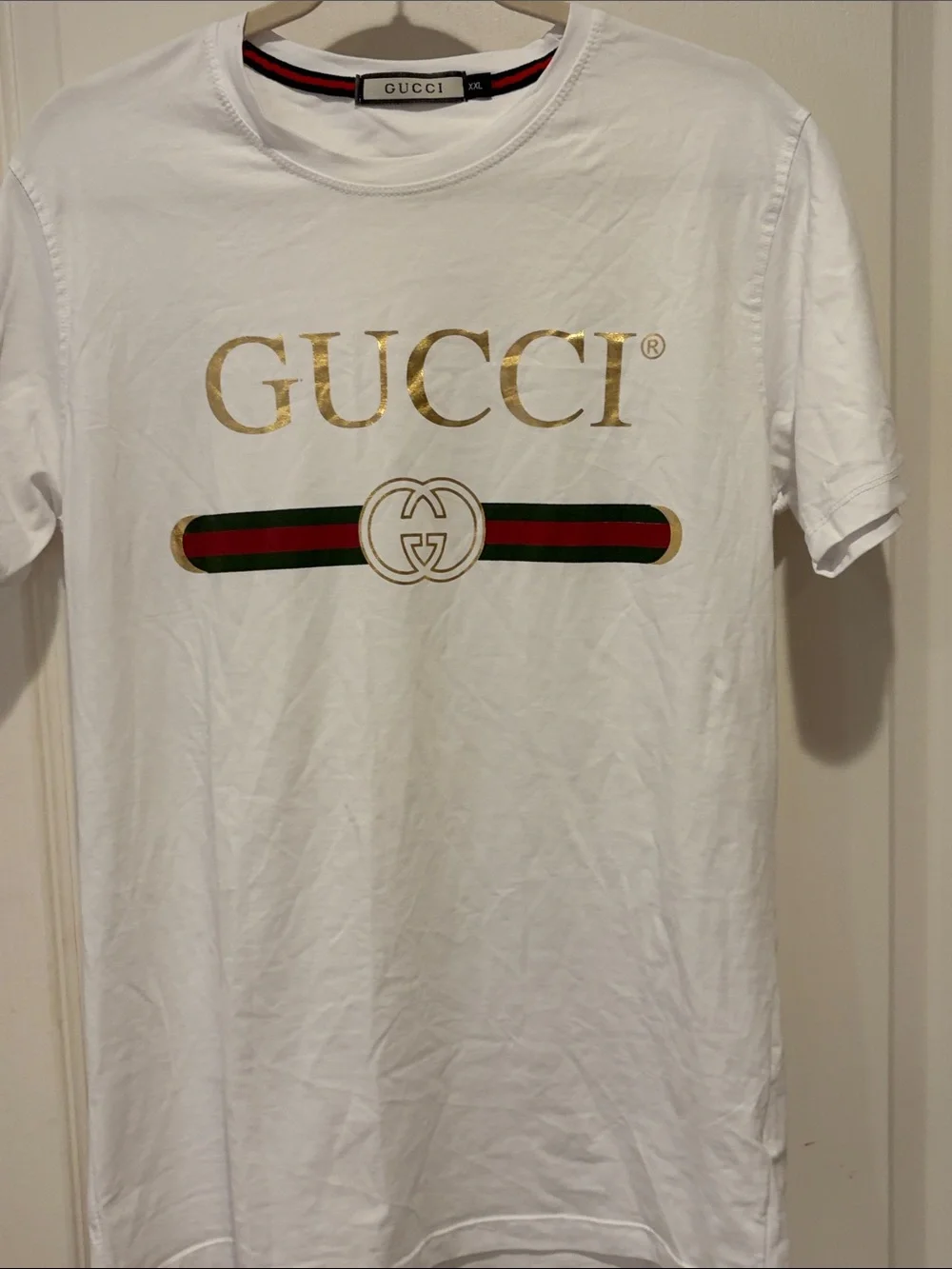 Gucci White Tee with Gold Logo and Green-Red Web Stripe